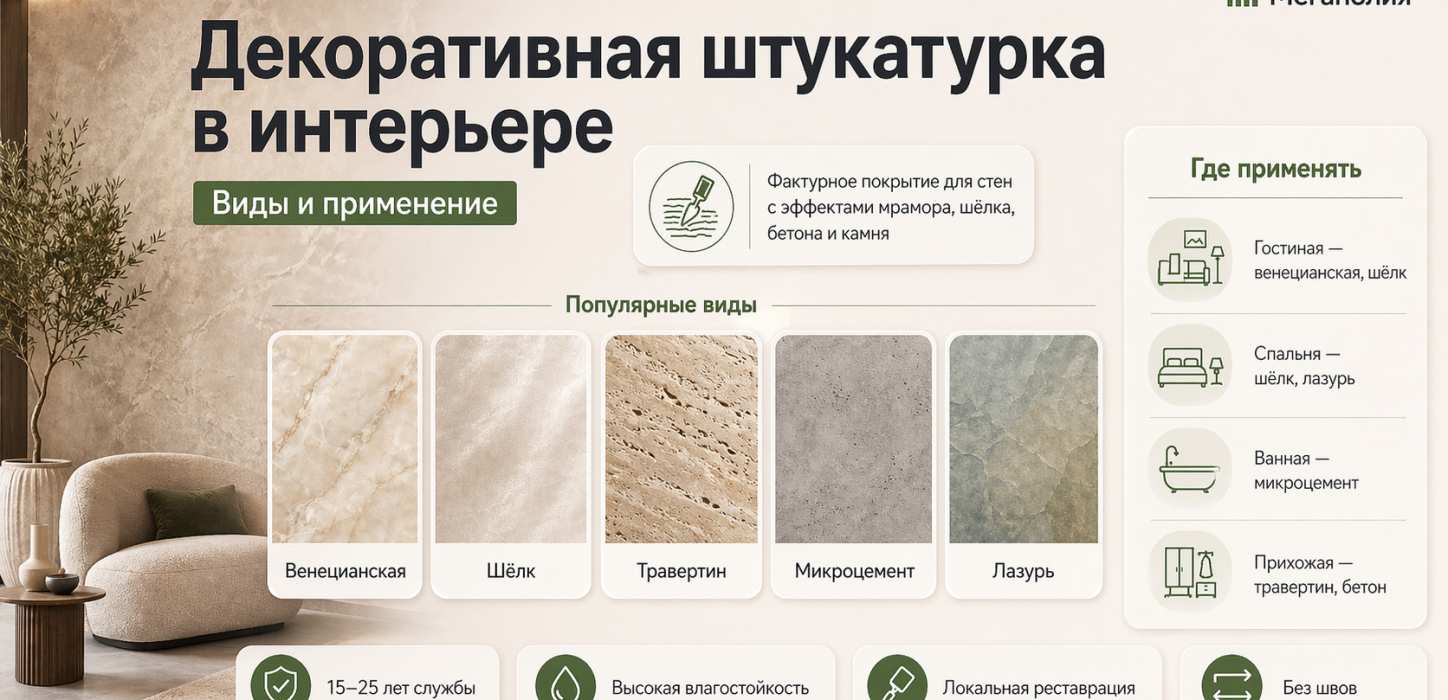 Изображение Декоративная штукатурка в интерьере — виды и применение