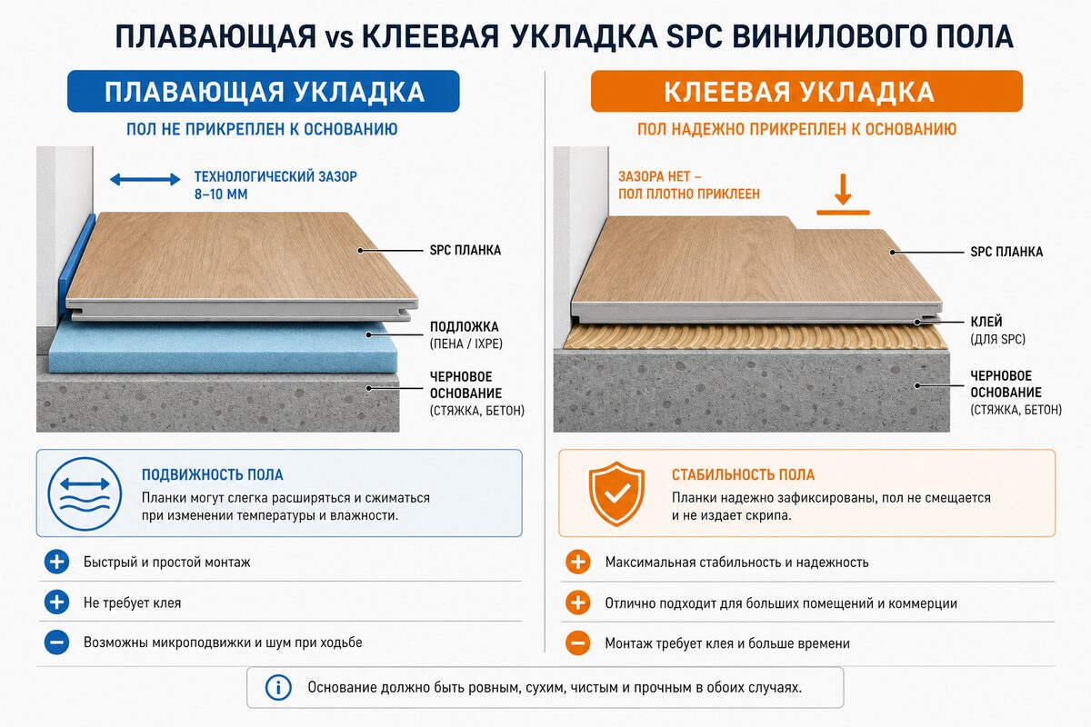 Инфографика: плавающая укладка SPC vs клеевая — сравнение способов монтажа